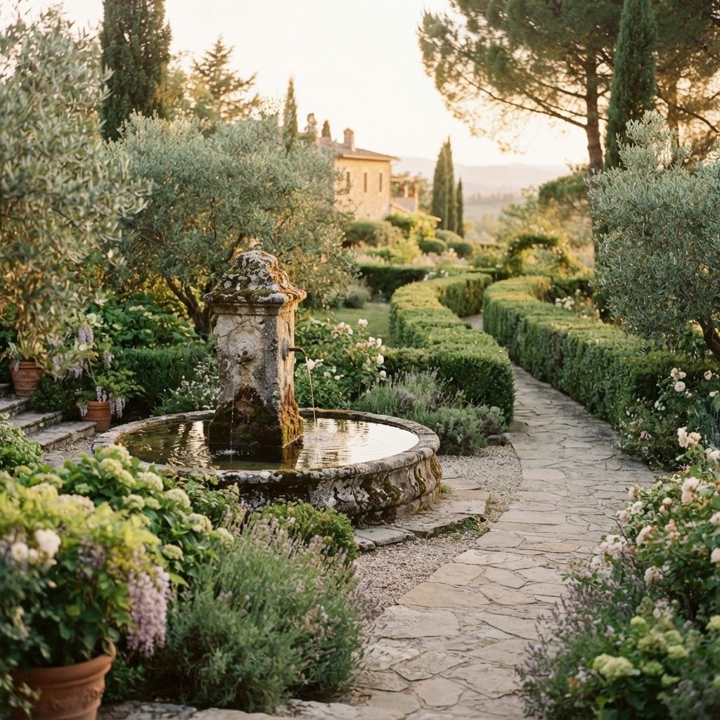 A serene European garden at golden hour with a natural stone fountain framed by hedges and olive trees