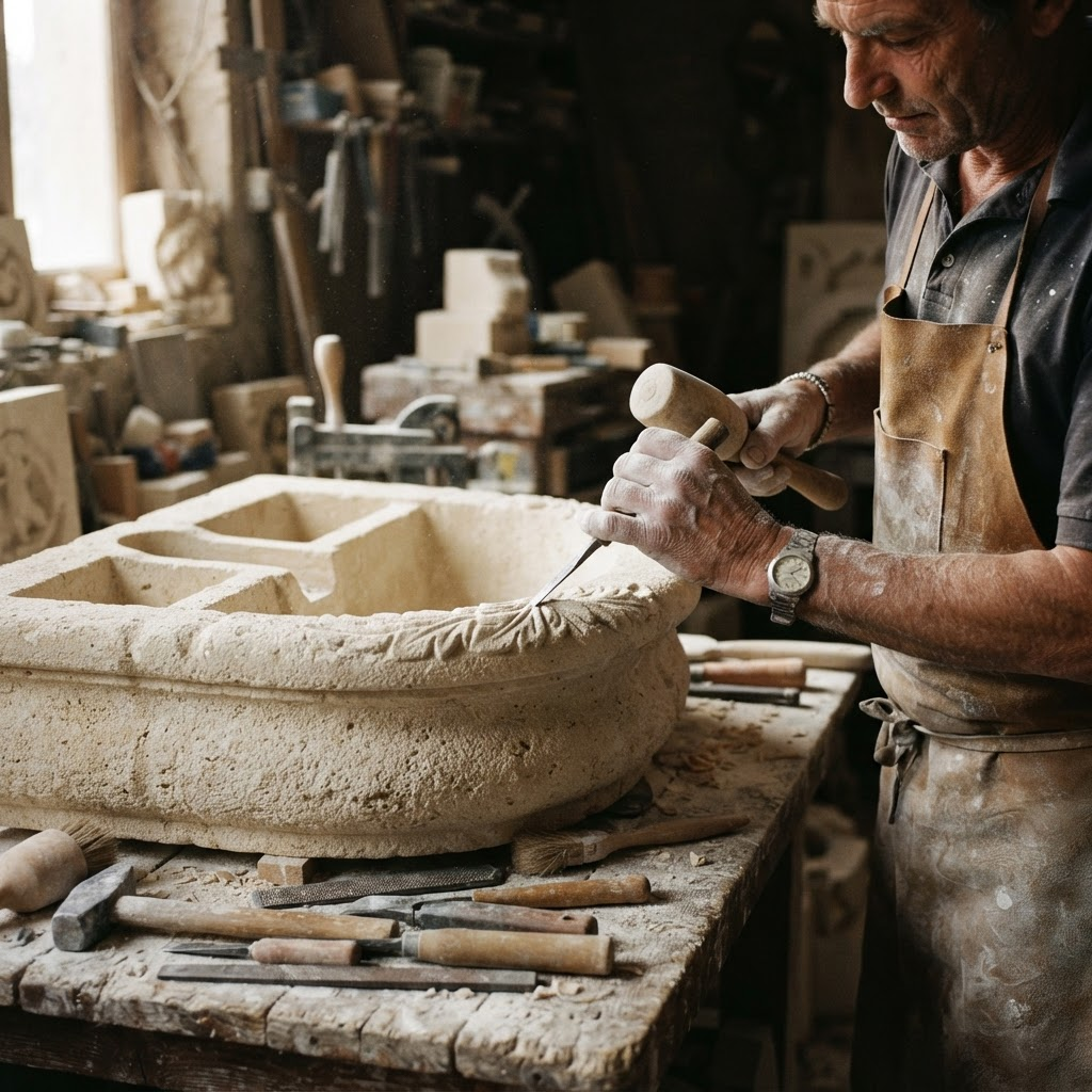 An artisan hand-carving detail into natural stone in a sunlit workshop