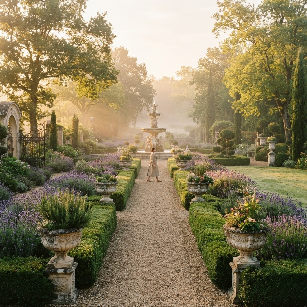 A misty formal garden pathway lined with stone planters and lavender leading to a fountain