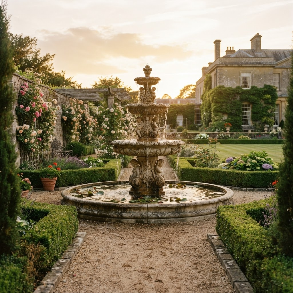 A tiered natural stone fountain in a lush formal European garden at golden hour