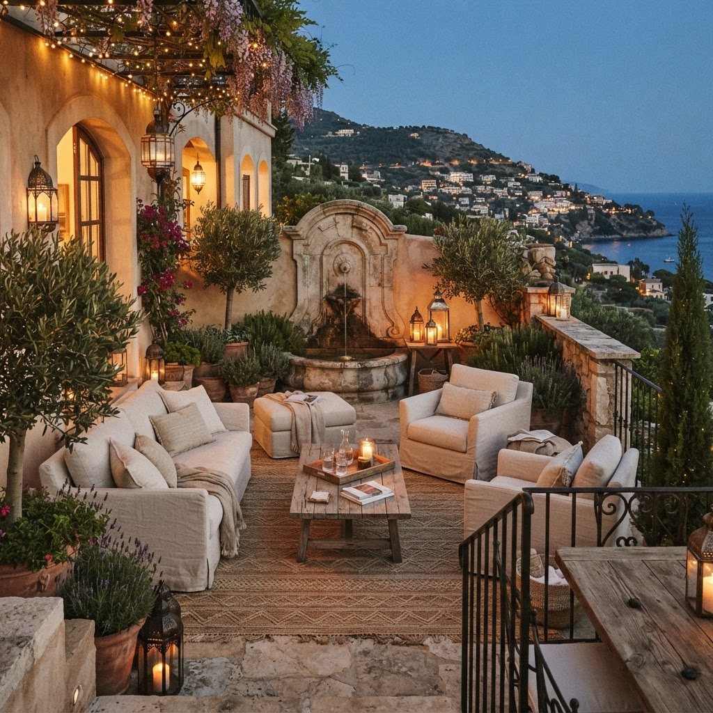 A luxury Mediterranean villa terrace at dusk with a stone fountain, linen furniture and potted olive trees