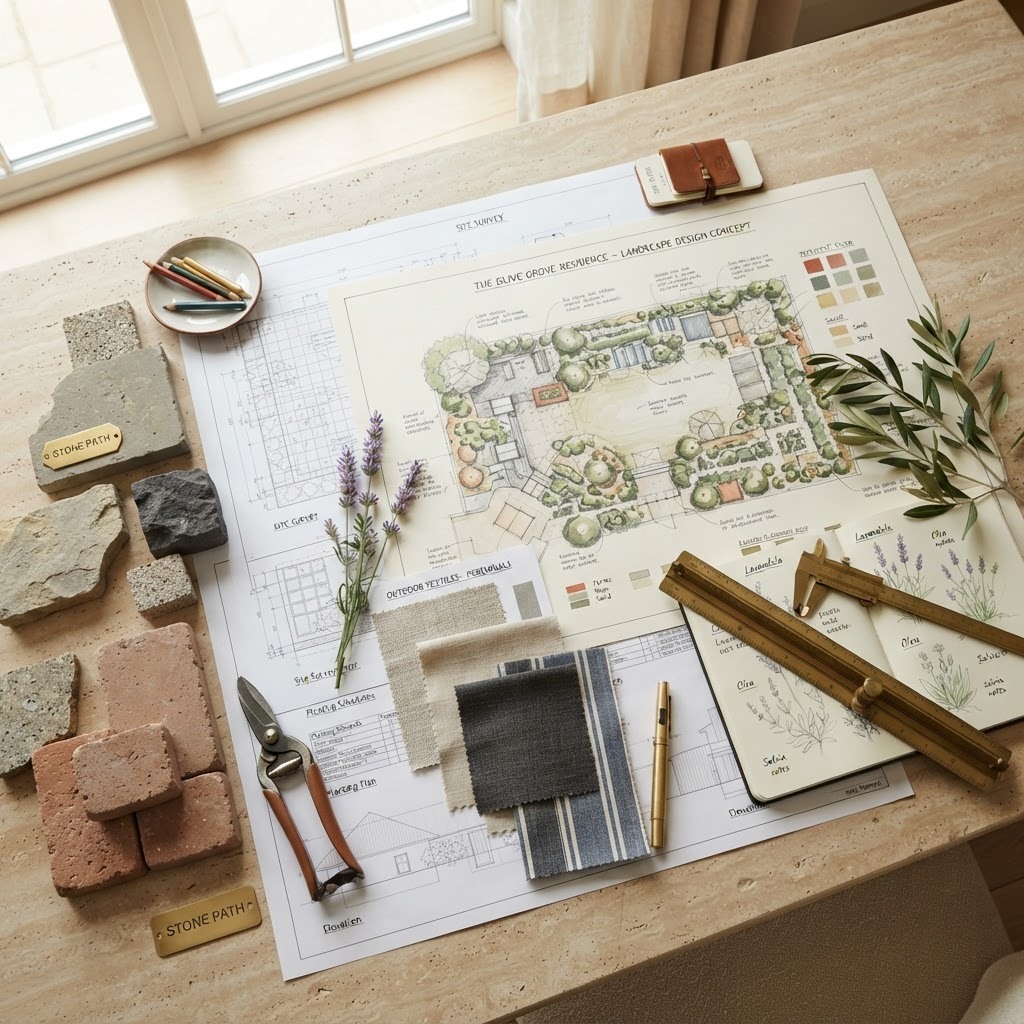 A landscape designer's table with garden drawings, natural stone samples and material swatches